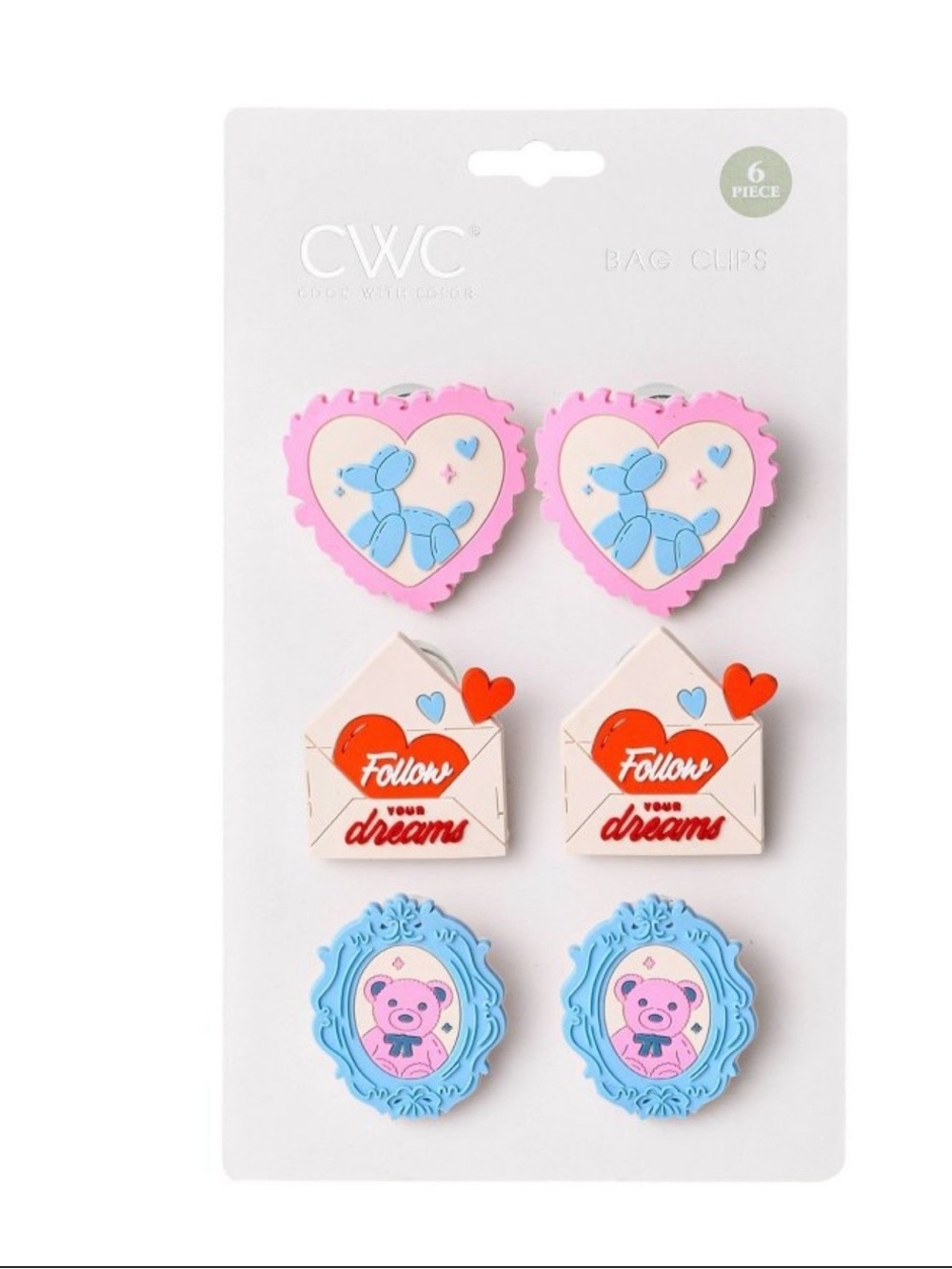 Pink & Blue Decorative  Bag Clips - 6 Pack